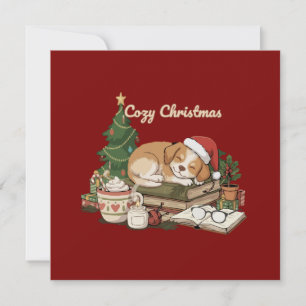 Cartes Pour Fêtes Annuelles Chien de Noël endormi et livres vintage cosy