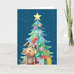 Cartes Pour Fêtes Annuelles Chien de Noël et arbre dans les flocons de neige