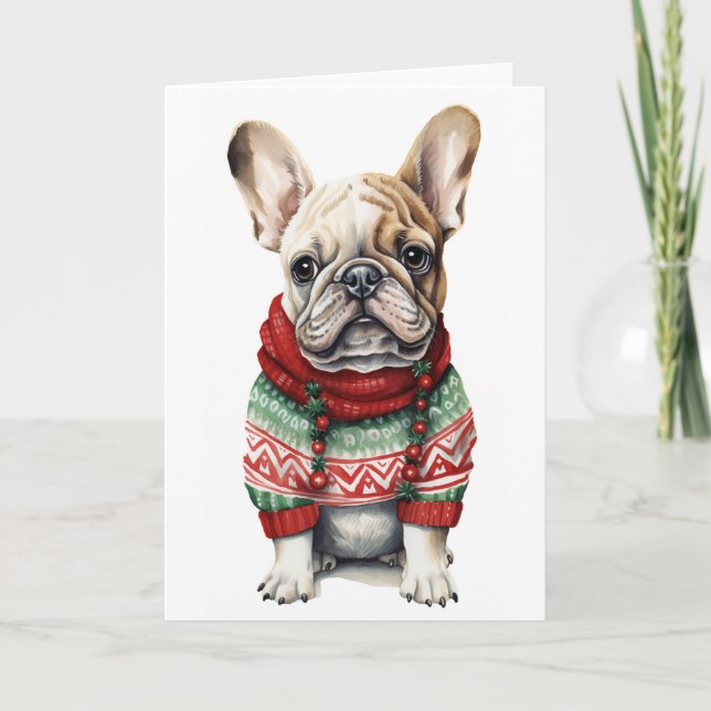 Cartes Pour Fêtes Annuelles Chien de Noël, Frenchie des Fêtes, Bouledogue BLAN (Devant)