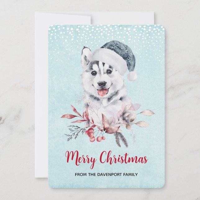 Cartes Pour Fêtes Annuelles Chien de Noël Husky dans un chapeau de Père Noël (Devant)