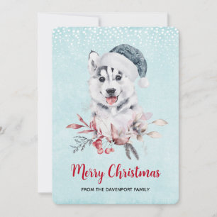 Cartes Pour Fêtes Annuelles Chien de Noël Husky dans un chapeau de Père Noël
