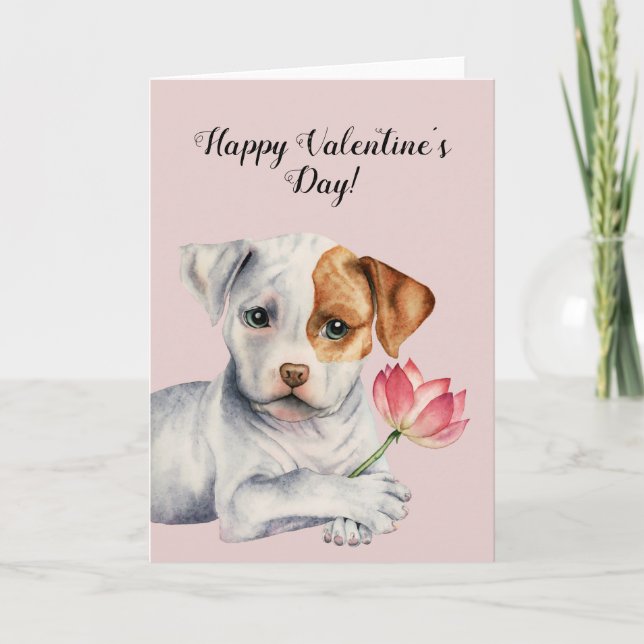 Cartes Pour Fêtes Annuelles Chien de pitbull tenant la fleur rose | Valentine (Devant)