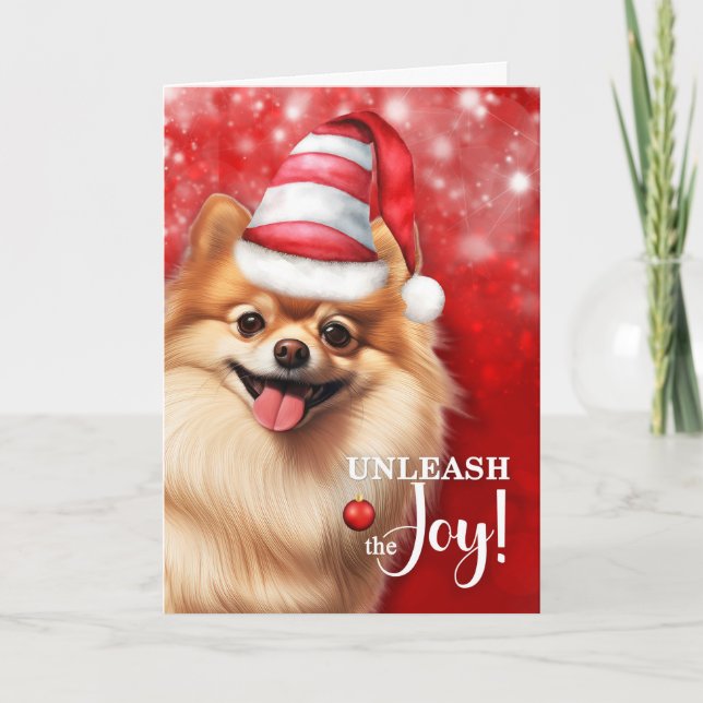 Cartes Pour Fêtes Annuelles Chien de Poméranie lâcher la joie Noël (Devant)