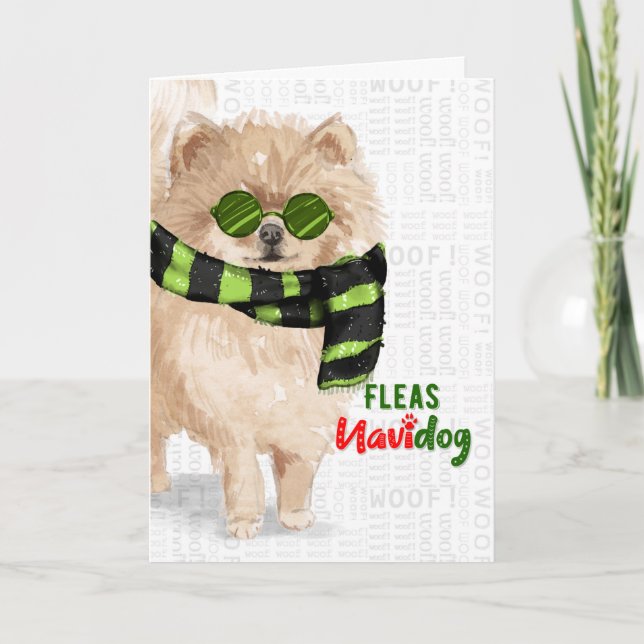 Cartes Pour Fêtes Annuelles Chien de Poméranie race drôle Fleas Navidog Noël (Devant)