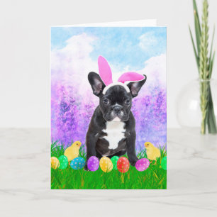 Cartes Pour Fêtes Annuelles Chien de taureau français avec oeufs de Pâques Pou