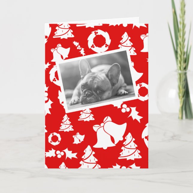 Cartes Pour Fêtes Annuelles Chien de taureau français couché rouge Joyeux Noël (Devant)