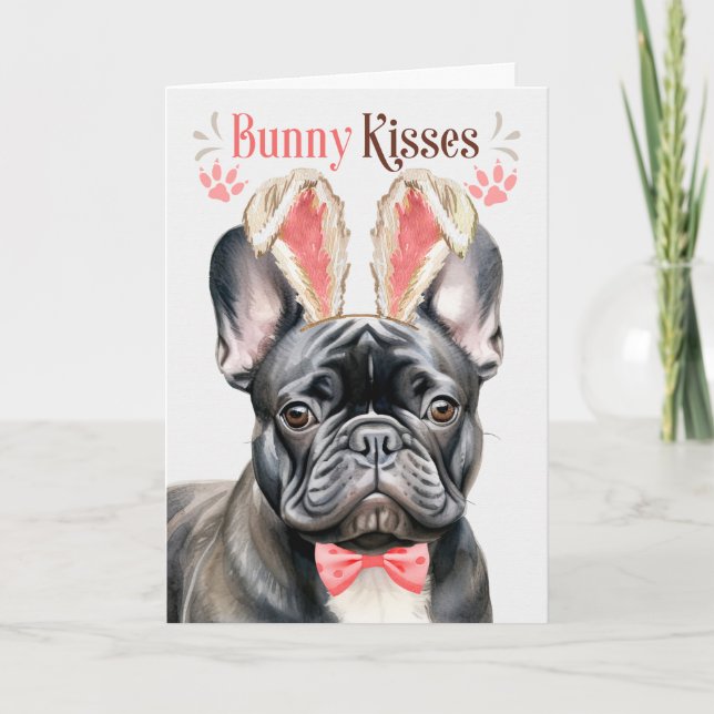 Cartes Pour Fêtes Annuelles Chien de taureau français noir à Bunny Oreilles po (Devant)