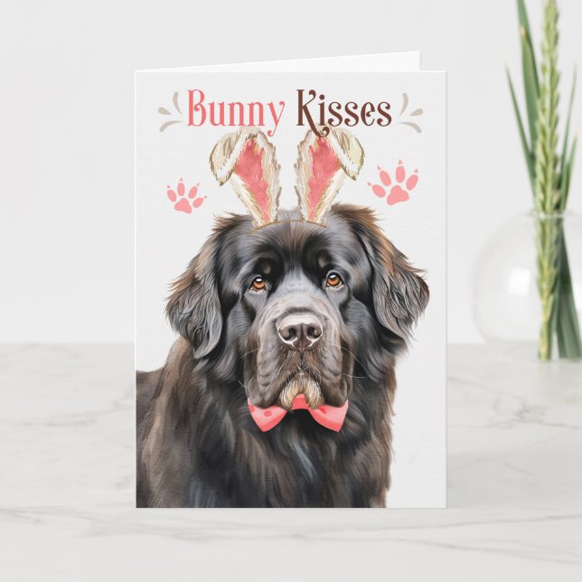 Cartes Pour Fêtes Annuelles Chien de Terre-Neuve à Bunny Ears pour Pâques (Devant)