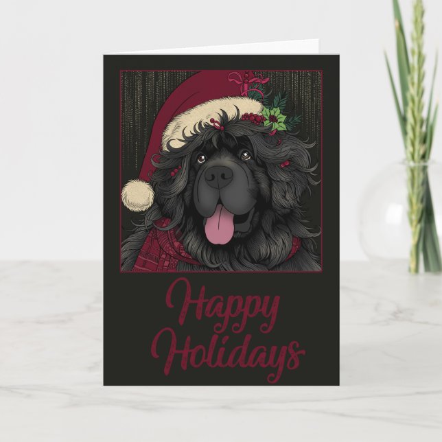 Cartes Pour Fêtes Annuelles Chien de Terre-Neuve avec chapeau de Père Noël "Jo (Devant)
