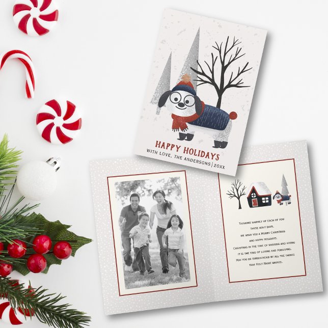 Cartes Pour Fêtes Annuelles Chien d'hiver et arbres photo de Noël pliée (Créateur téléchargé)