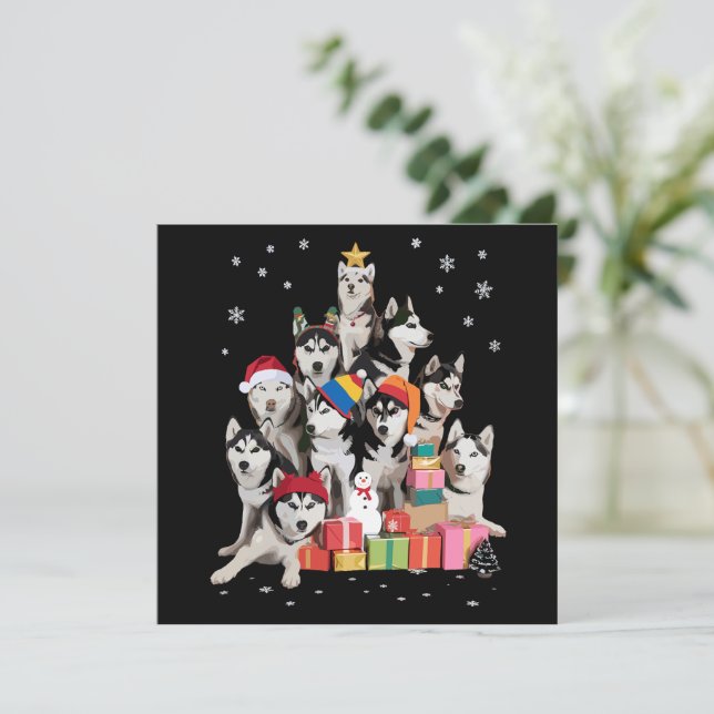 Cartes Pour Fêtes Annuelles Chien drôle de l'arbre de Noël husky sibérien amat (Debout devant)