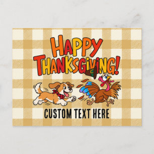 Cartes Pour Fêtes Annuelles Chien drôle poursuivant la dinde carreaux Happy Th