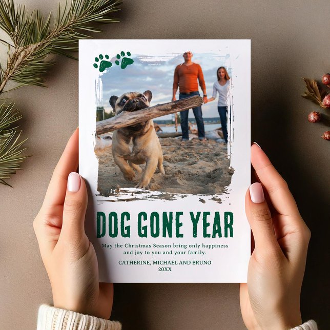 Cartes Pour Fêtes Annuelles Chien est parti année photo verte Noël (Créateur téléchargé)