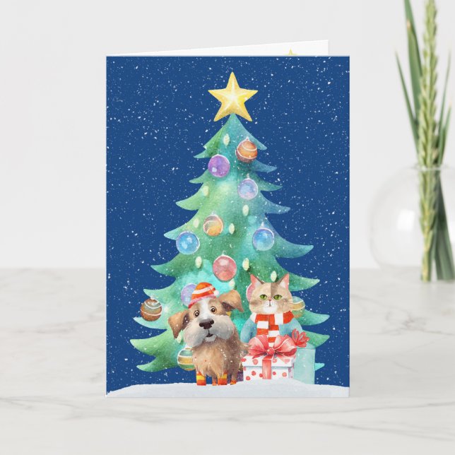 Cartes Pour Fêtes Annuelles Chien Et Chat De Noël Dans Les Flammes De Neige (Devant)