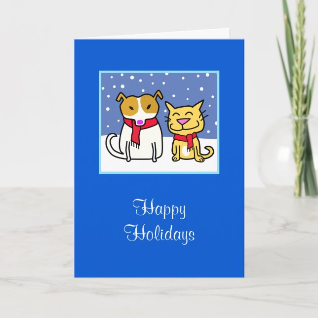 Cartes Pour Fêtes Annuelles Chien et chat de vacances dans la neige (Devant)