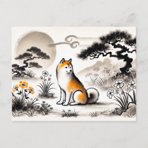 Cartes Pour Fêtes Annuelles Chien fidèle dans un jardin sous l'art à l'encre d