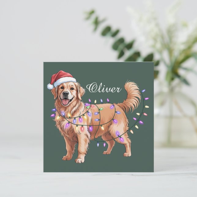 Cartes Pour Fêtes Annuelles Chien Golden Retriever de Noël au nom personnalisé (Debout devant)