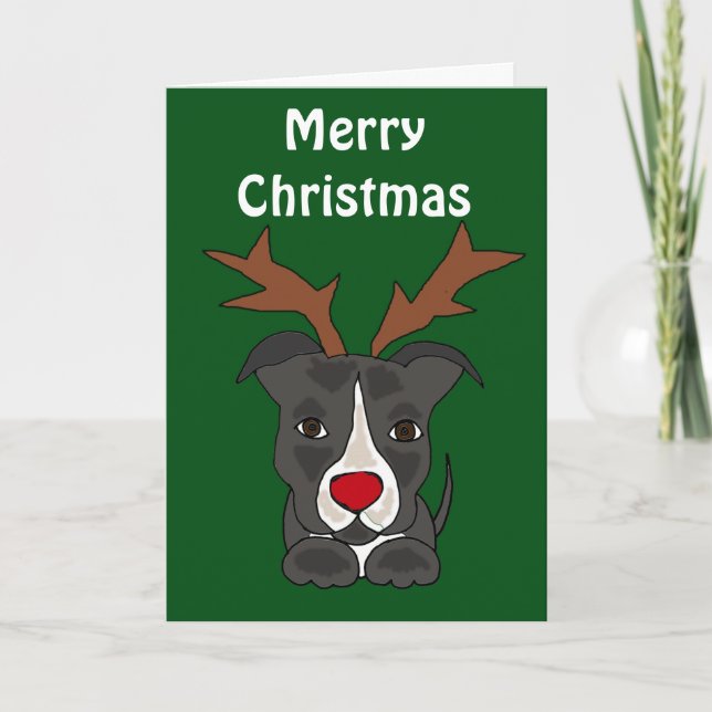 Cartes Pour Fêtes Annuelles Chien gris drôle de Pitbull comme renne de Noël (Devant)