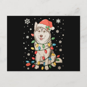 Cartes Pour Fêtes Annuelles Chien Husky Chapeau de Père Noël Lumières de l'Arb