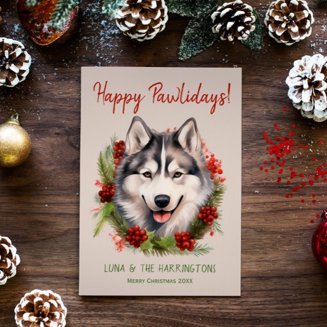 Cartes Pour Fêtes Annuelles Chien Husky Noël Joyeux Pawlidays Howlidays (Créateur téléchargé)