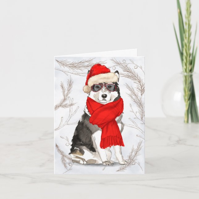 Cartes Pour Fêtes Annuelles Chien malamué de Noël et pins botaniques (Devant)