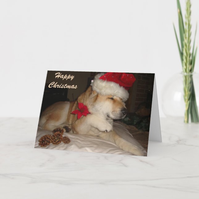 Cartes Pour Fêtes Annuelles Chien mignet akita donnant paw santa chapeau cône  (Devant)