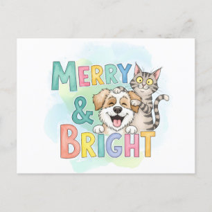 Cartes Pour Fêtes Annuelles Chien mignon & Chat Merry & Bright