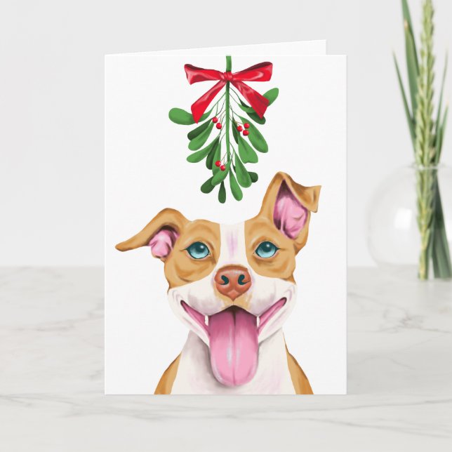 Cartes Pour Fêtes Annuelles Chien mignon de Pitbull sous Noël de gui (Devant)