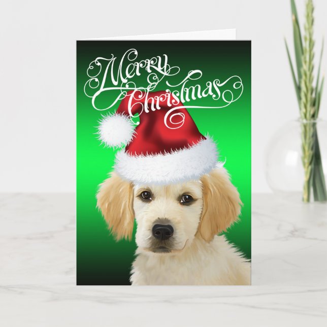 Cartes Pour Fêtes Annuelles CHIEN Noël | Adorable Chiot Père Noël Golden (Devant)