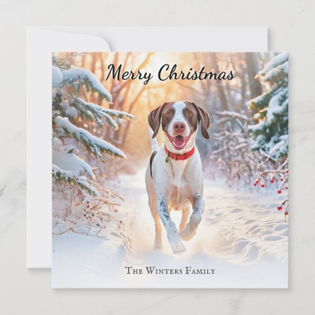 Cartes Pour Fêtes Annuelles Chien Pointeur Anglais Marcher Dans Noël De Neige (Devant)