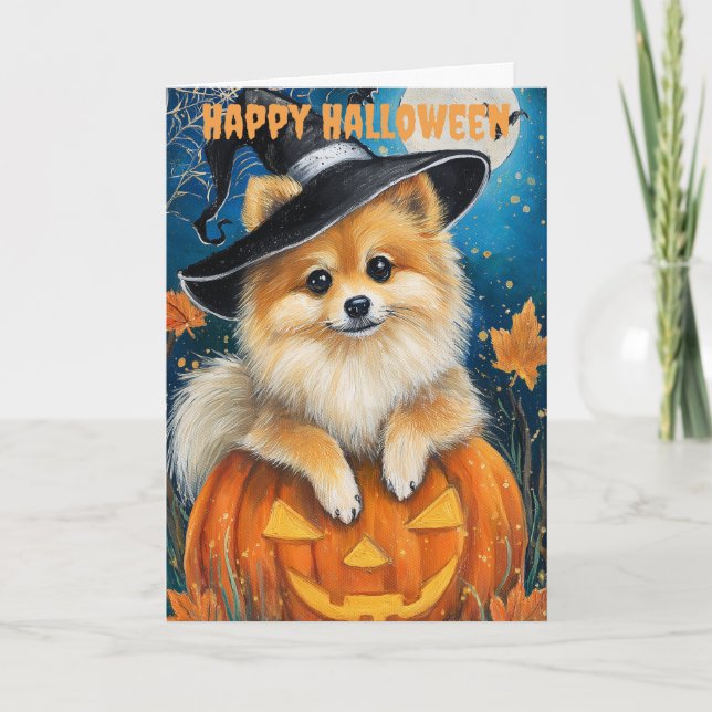 Cartes Pour Fêtes Annuelles Chien Pomeranian Halloween (Devant)