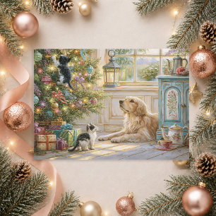 Cartes Pour Fêtes Annuelles Chien Retriever Doré Chatons Arbre de Noël