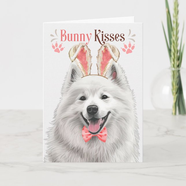Cartes Pour Fêtes Annuelles Chien Samoyède en oreilles de lapin pour Pâques (Devant)