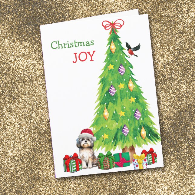 Cartes Pour Fêtes Annuelles Chien Shih Tzu, Oiseau et Arbre de Noël (Créateur téléchargé)