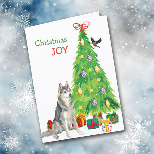 Cartes Pour Fêtes Annuelles Chien sibérien Husky et Arbre de Noël