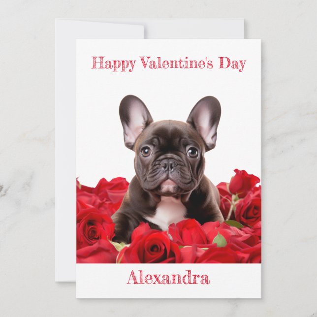 Cartes Pour Fêtes Annuelles Chien-taureau français sur Red Roses Valentine (Devant)