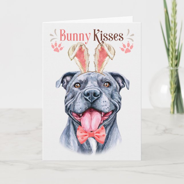 Cartes Pour Fêtes Annuelles Chien taureau gris à Bunny Oreilles pour Pâques (Devant)
