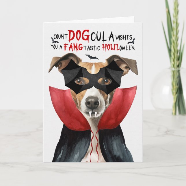 Cartes Pour Fêtes Annuelles Chien Whippet Drôle compte DOGcula Halloween (Devant)