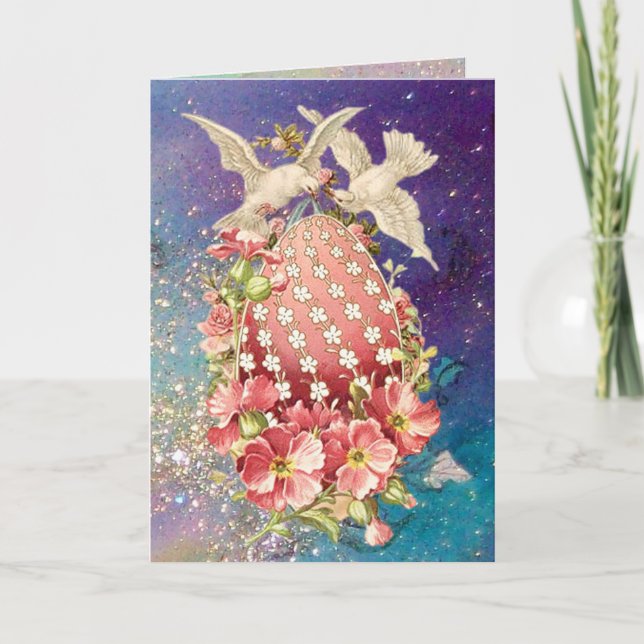 CARTES POUR FÊTES ANNUELLES CHIENS BLANCS, OEUF DE PÂQUES AUX FLEURS ROSES EN  (Devant)