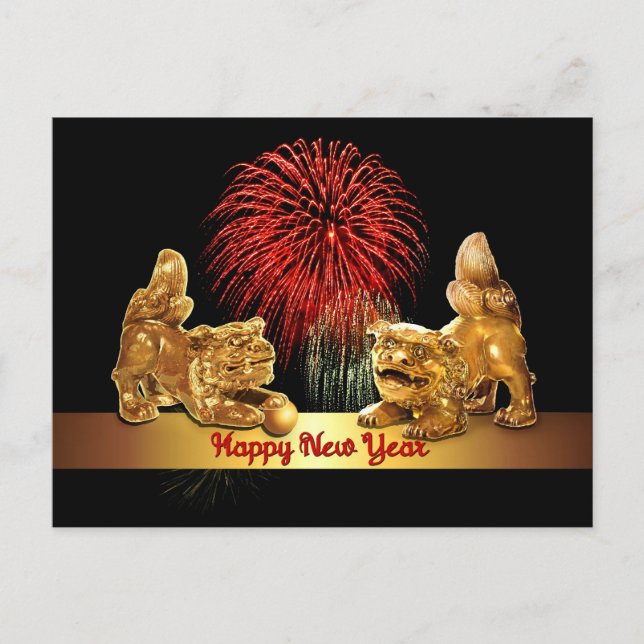Cartes Pour Fêtes Annuelles Chiens chinois et feux d'artifice de Foo de (Devant)
