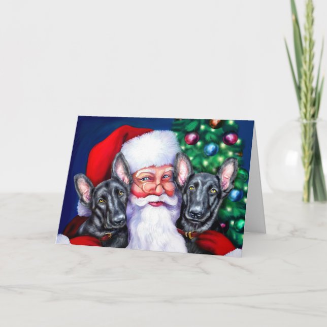 Cartes Pour Fêtes Annuelles Chiens de moutons noirs allemands père Noël (Devant)