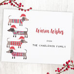 Cartes Pour Fêtes Annuelles Chiens de Noël en Casquette<br><div class="desc">Belle et adorable Dachshund Sausage ou Wiener chiens en chandail tricoté rouge et blanc festif et chapeaux de Noël amusants. Modifiez le nom et le message d'accueil pour personnaliser. Reverse comporte un petit chien assorti. Art original de Nic Squirrell.</div>