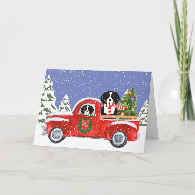Cartes Pour Fêtes Annuelles Chiens de Noël personnalisés Berner Truck rouge (Devant)