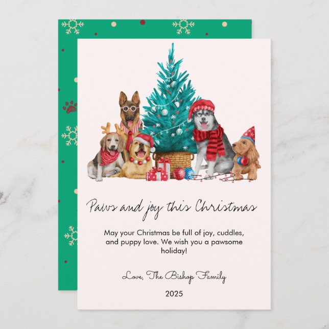 Cartes Pour Fêtes Annuelles Chiens et Arbre Animaux de Noël Appartement vacanc (Devant / Derrière)