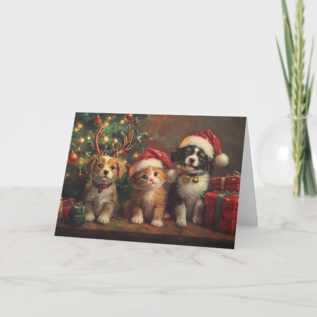 Cartes Pour Fêtes Annuelles Chiens et chats mignons sous l'arbre de Noël (Devant)