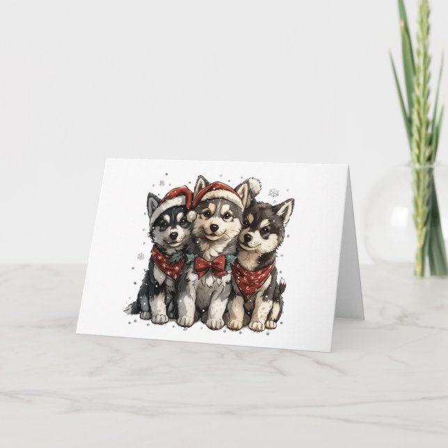 Cartes Pour Fêtes Annuelles Chiens Husky de Noël (Devant)