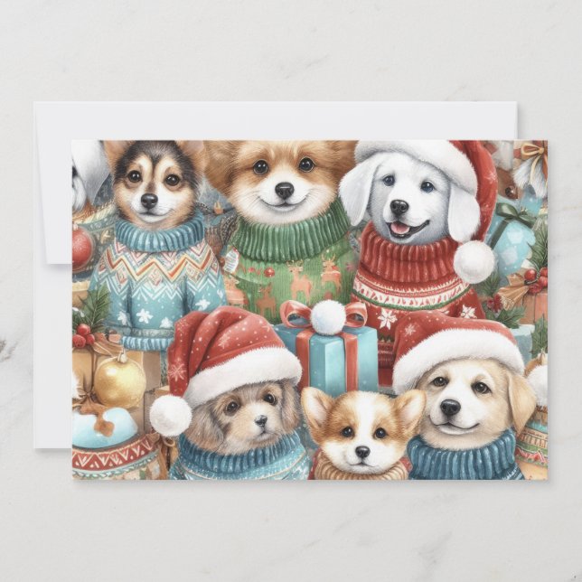 Cartes Pour Fêtes Annuelles Chiens mûrs d'aquarelle dans les pulls (Devant)