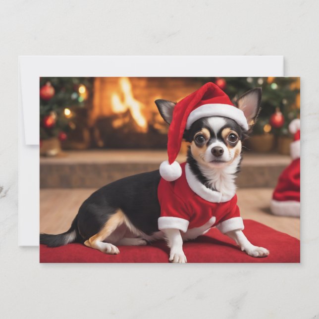 Cartes Pour Fêtes Annuelles Chihuahua noir adorable avec chapeau de Père Noël (Devant)
