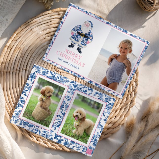 Cartes Pour Fêtes Annuelles Chinoiserie rose bleu Toile Noël Père Noël Photo (Créateur téléchargé)