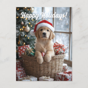 Cartes Pour Fêtes Annuelles Chiot adorable avec chapeau de Père Noël dans le p